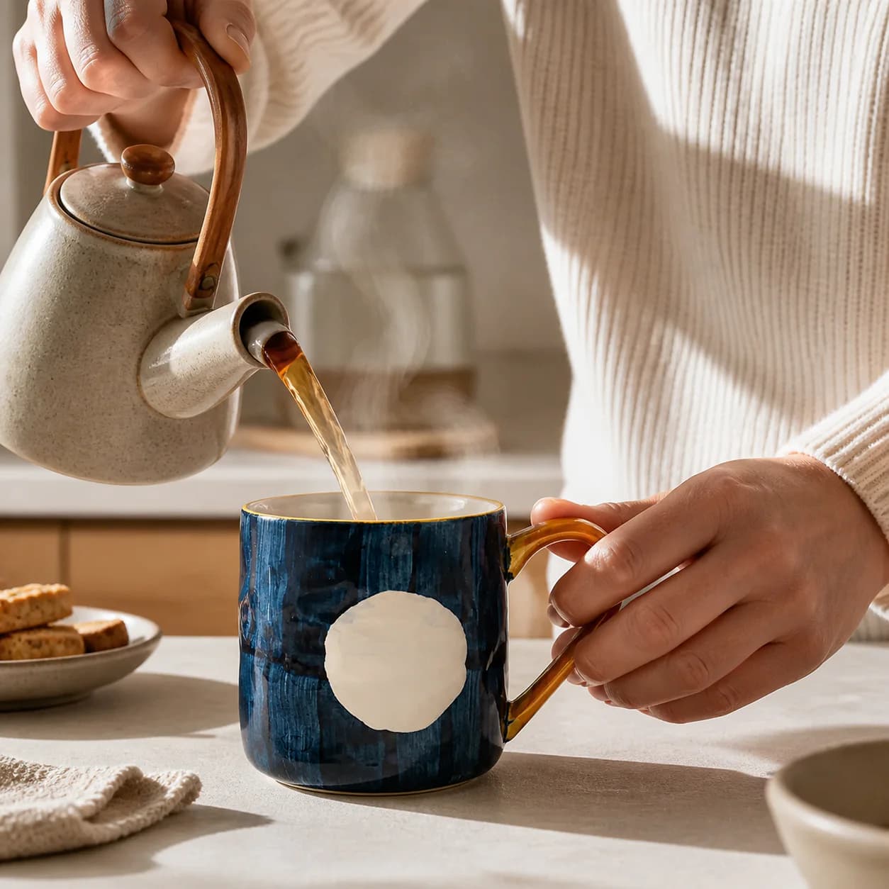 Tee wird in den dunkelblauen Wohlflausch Keramikbecher mit Mondmotiv eingegossen