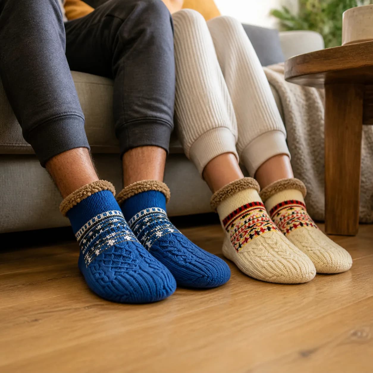 Paar trägt blaue und cremefarbene Wohlflausch Kuschelsocken gemeinsam im Wohnzimmer
