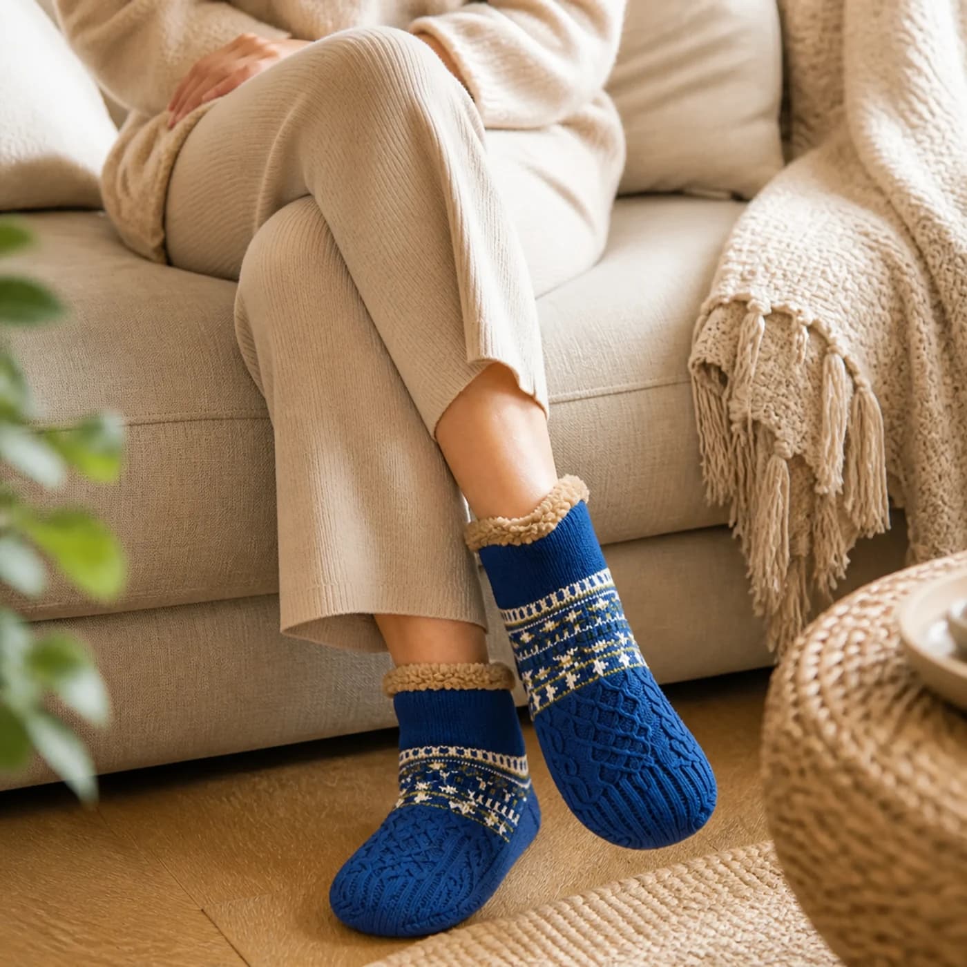 Blaue Wohlflausch Kuschelsocken in einer warmen Wohnzimmerszene