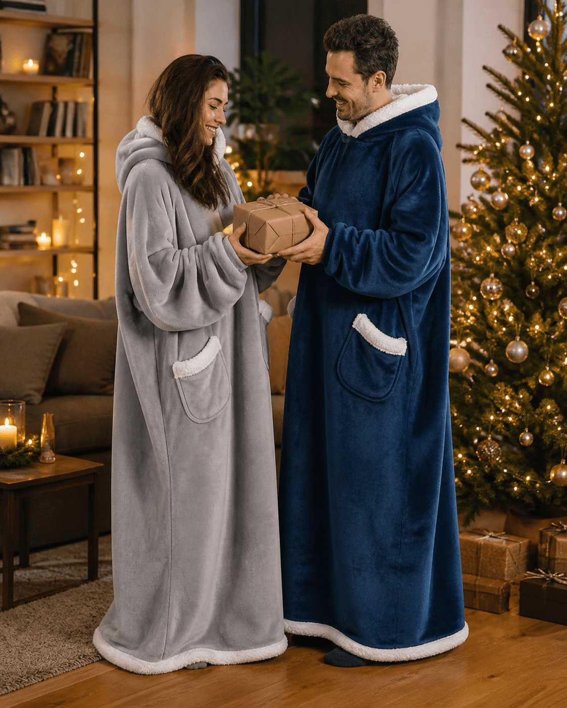 Paar öffnet ein Wohlflausch Geschenk an Weihnachten