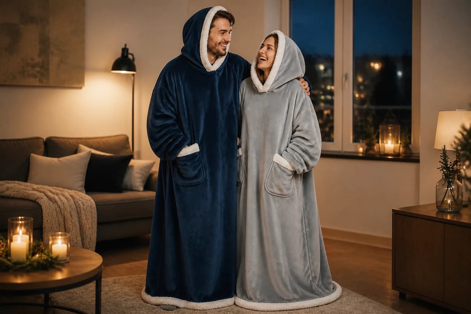 Couple wearing night-blue and grey Wohlflausch blankets in a warm home