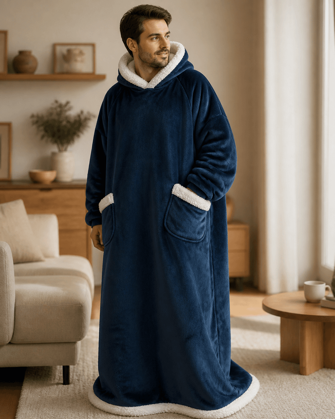 Detailansicht einer nachtblauen Wohlflausch Kuscheldecke