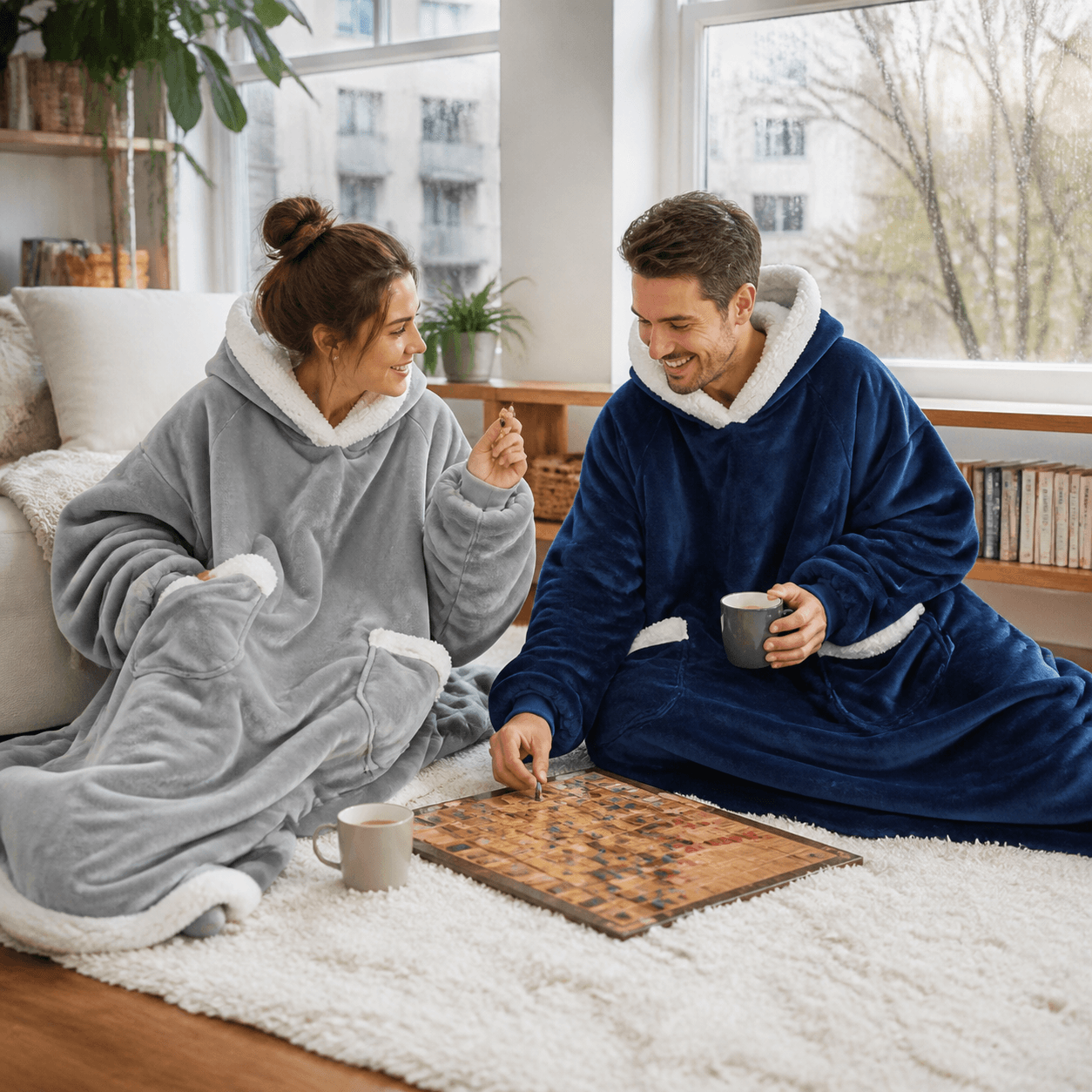 Couple wearing Wohlflausch blankets during a games evening