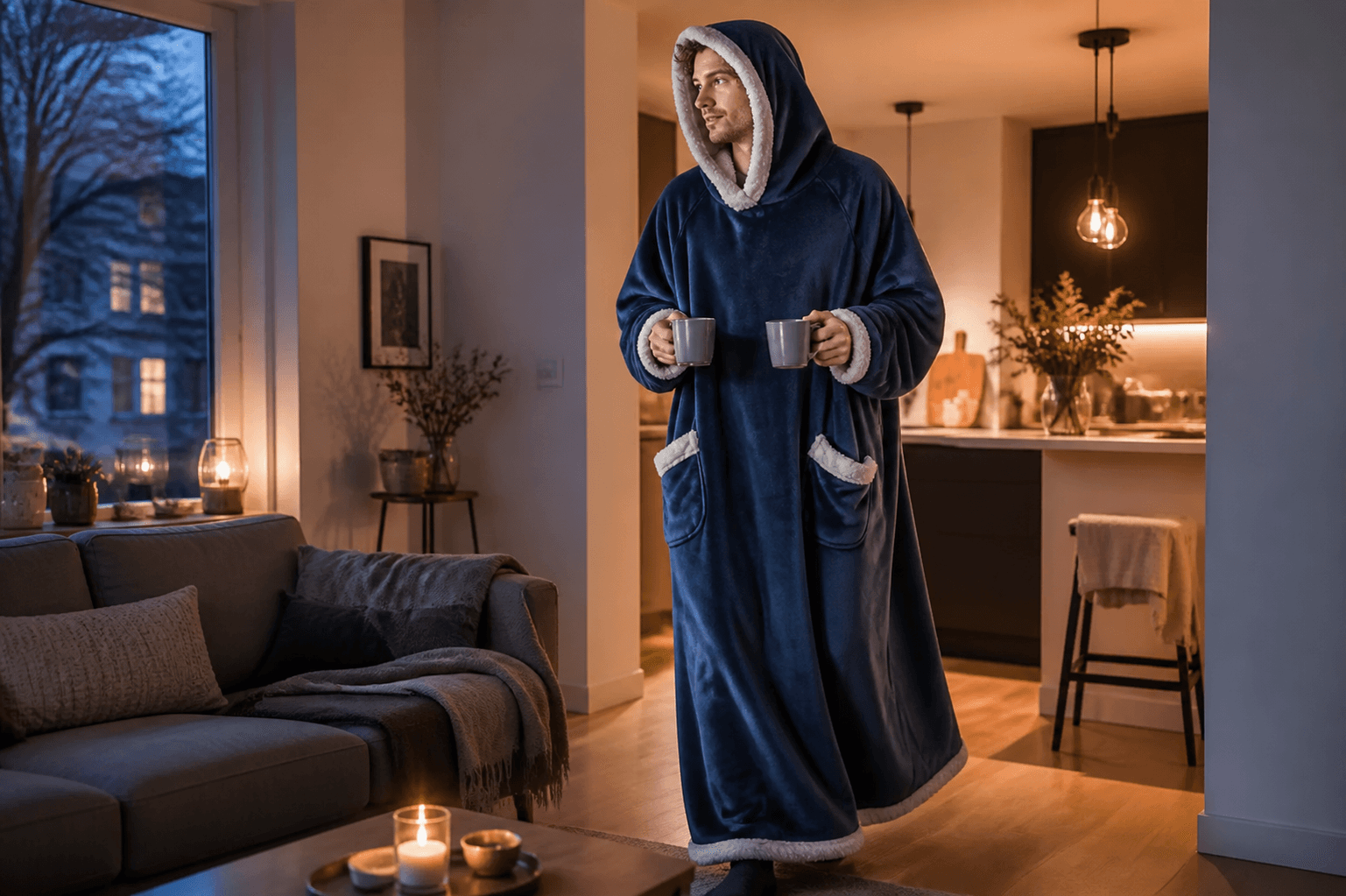 Mann in nachtblauer Wohlflausch Kuscheldecke